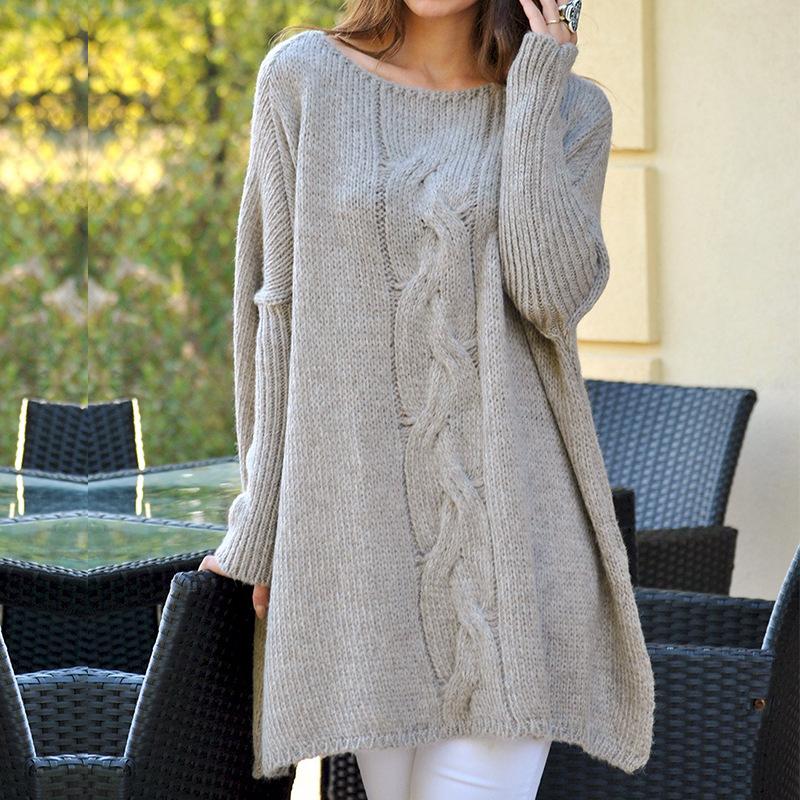 Europe, America, autumn and winter Ebay women's clothing medium and long solid color twisted loose sweater