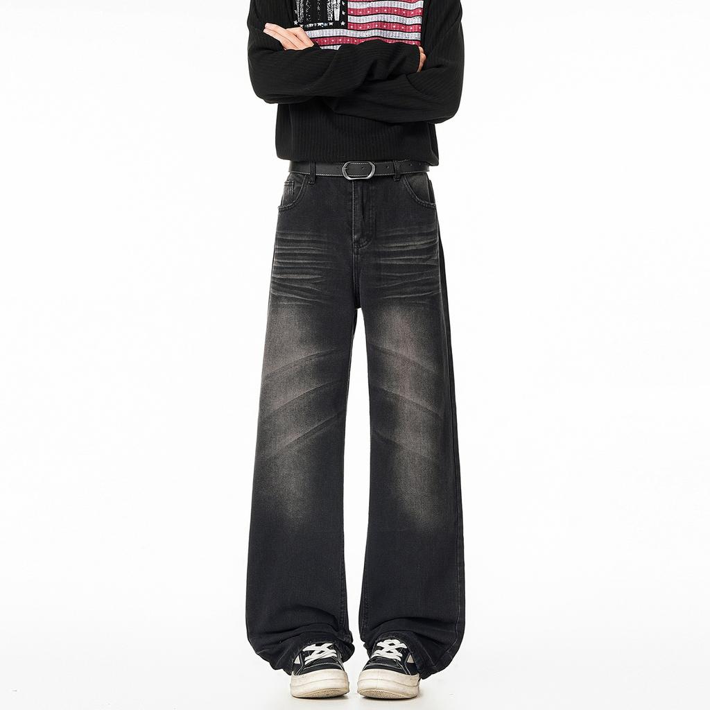 Men's jeans autumn old washed light blue pleated wide legs loose drape American retro trendy trousers