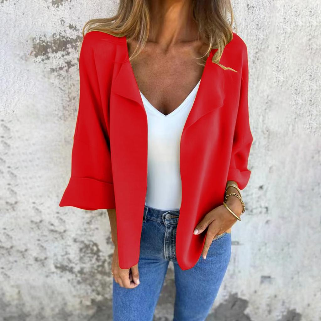 Fashionable Women's Spring  Casual Cardigan Solid Color Lapel Jacket