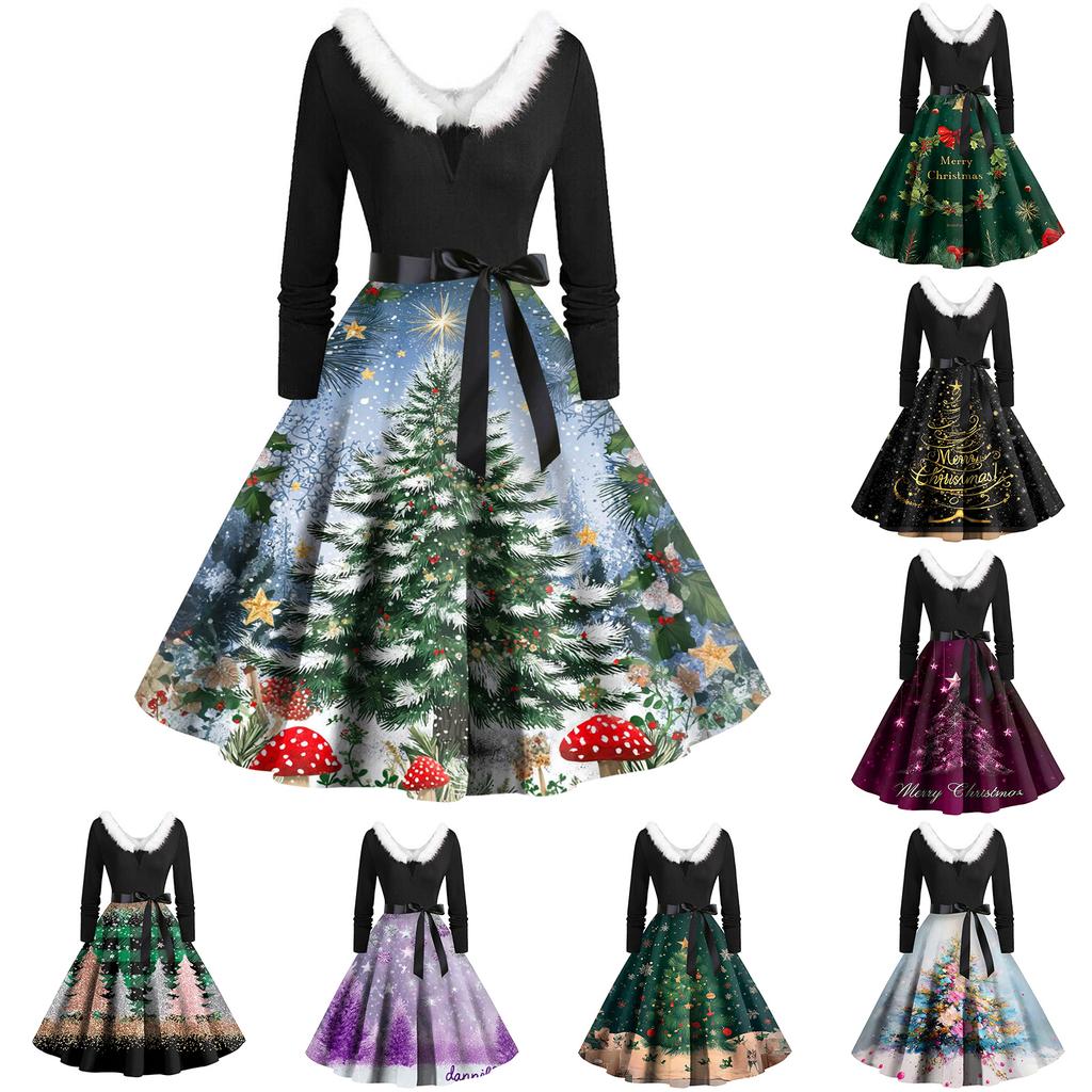 Women's Fashion Round Casual Slim Fit Christmas Print Large Swing Long Sleeve Dress