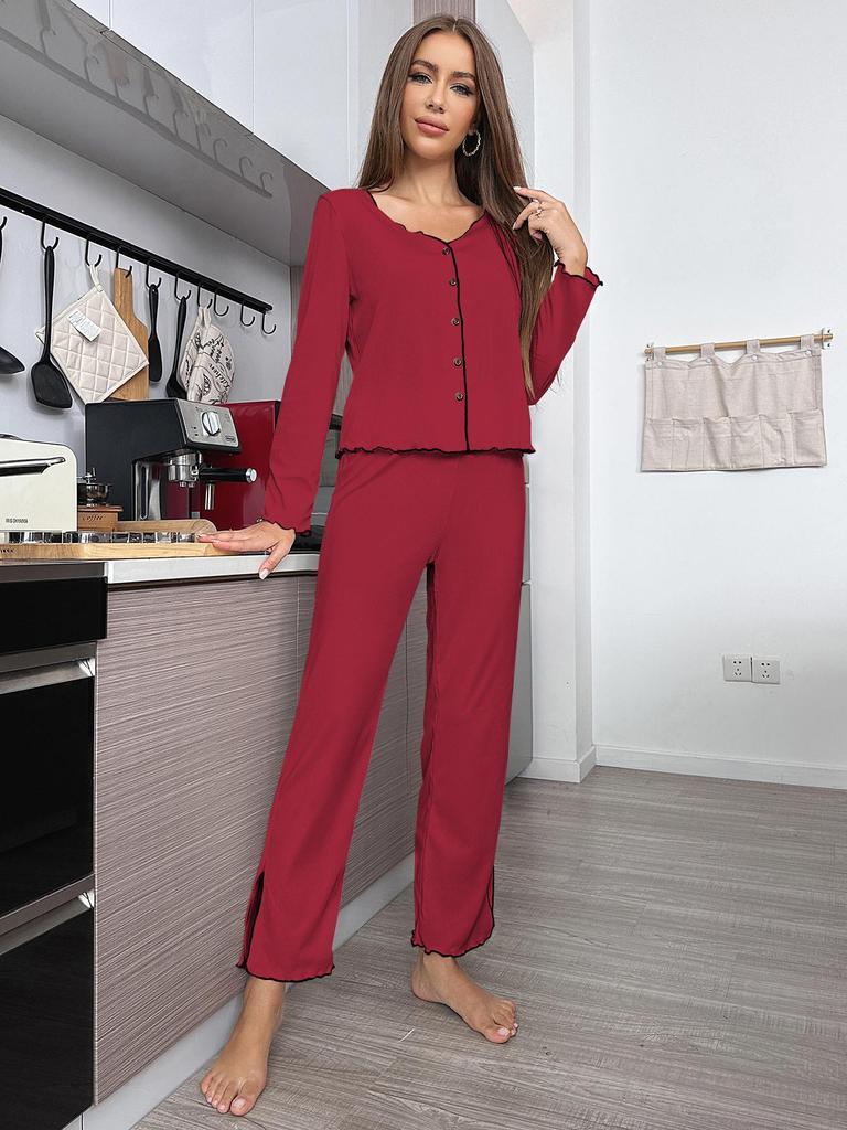 European and American Ribbed Knit Women's Pajama Set - Cardigan & Long Pants - Luxurious French Style Homewear for Autumn/Winter
