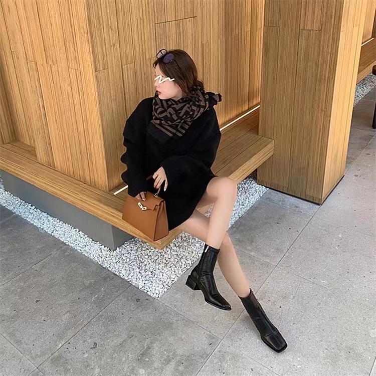 Brown square-headed small short boots for women in the spring and autumn of 2025, new French thick-heeled medium-heeled single boots, elastic