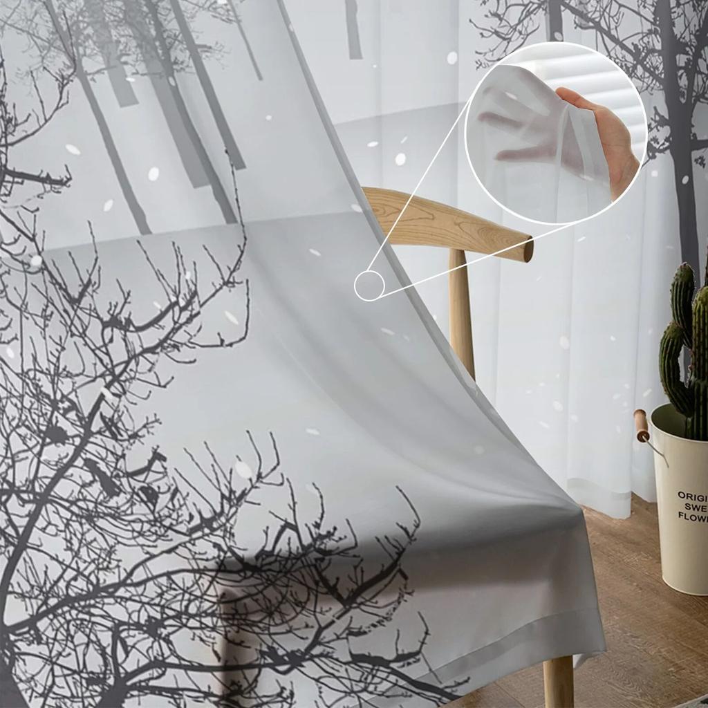 Winter Forest Tree Snowflake Semi Curtains Living Room Snowy Landscape Print Tulle Curtain Drapes Window Treatments Sheer Polyester Great Treatment