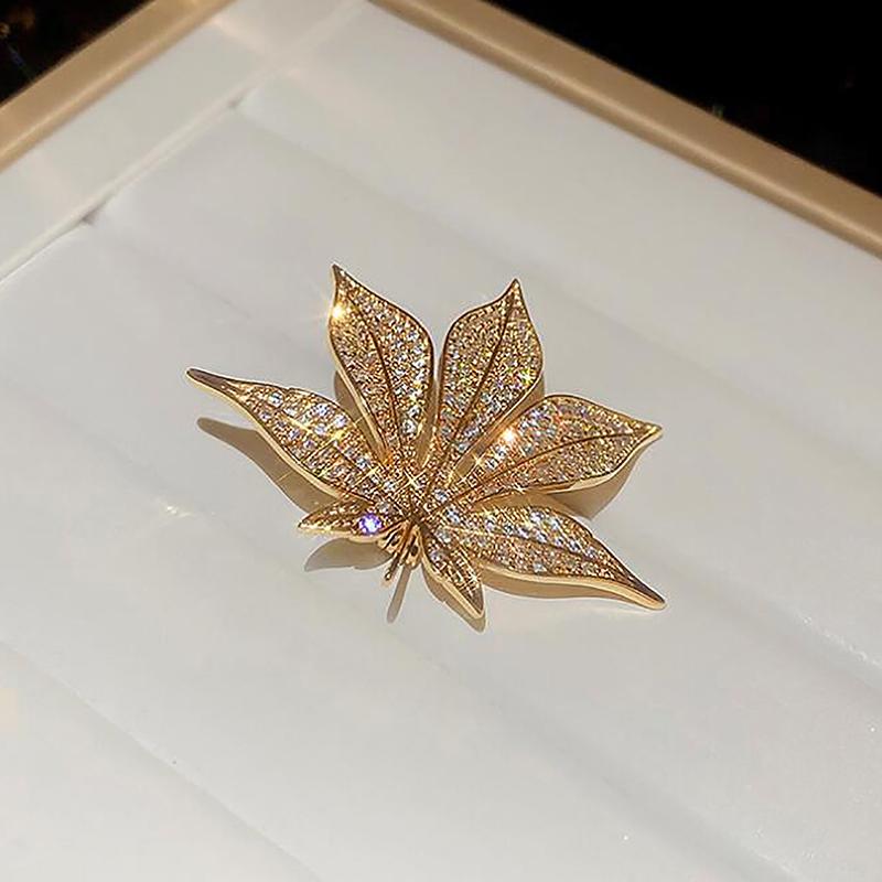 Elegant Maple Leaf Brooch with Rhinestone Embellishments
