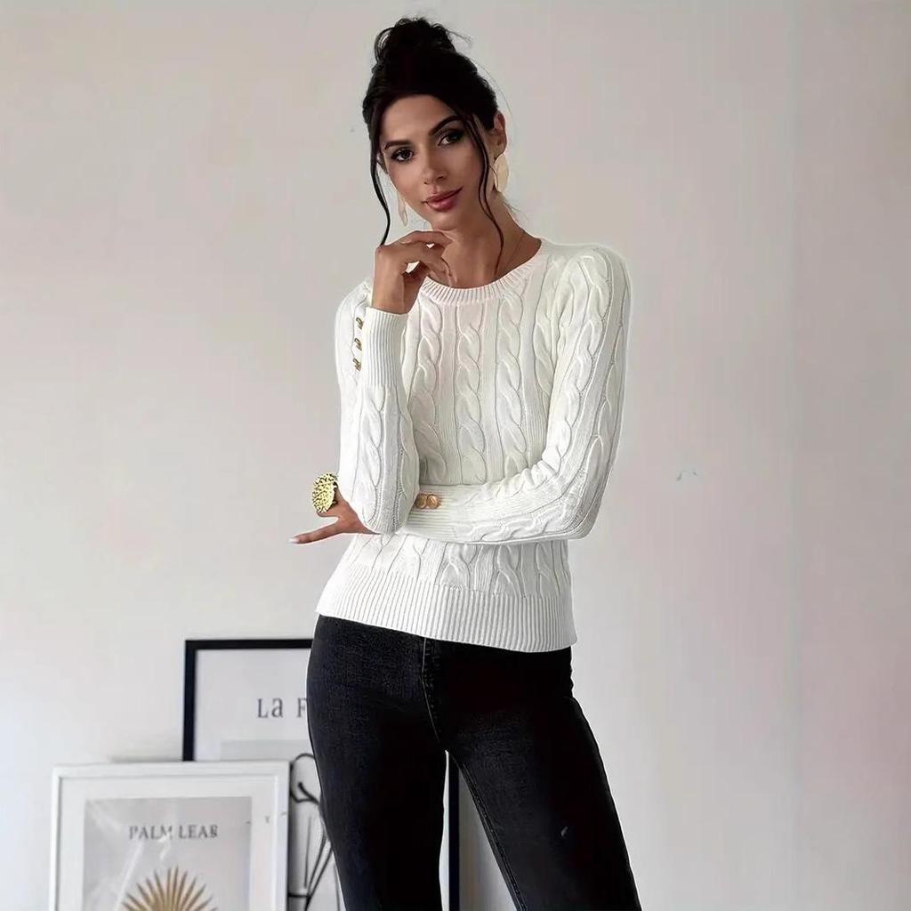 Women's Cross-Border Hot-Selling Cable Knit Pullover Sweater - Milk White, Round Neck, Autumn/Winter Top.