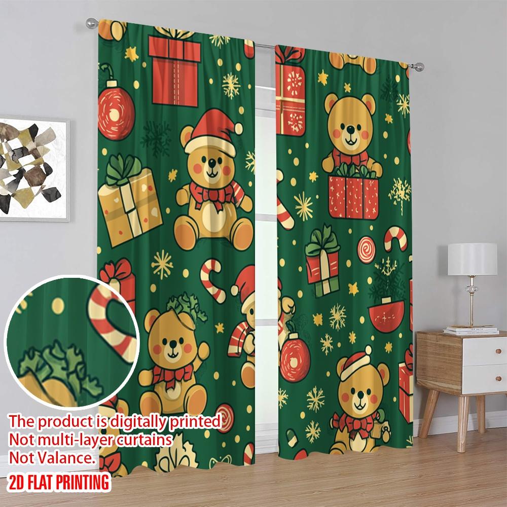 2 Stück, 2D-Flachdruckmuster Vorhänge Weihnachts-Bären Festliche Geschenke (2) 100% Polyester (ohne Stange) Feiertagsnutzung für Schlafzimmer,