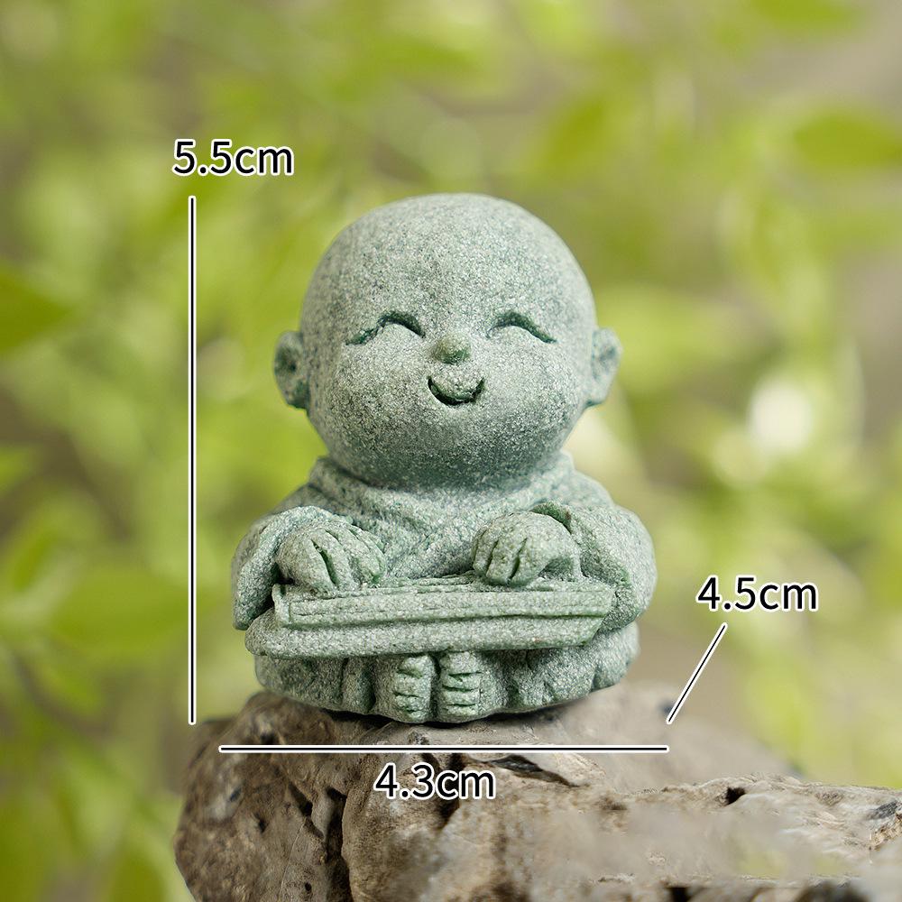 Green Sandstone Little Monk Zen Ornaments - Desktop Rockery Bonsai for Tea Table or Living Room.
