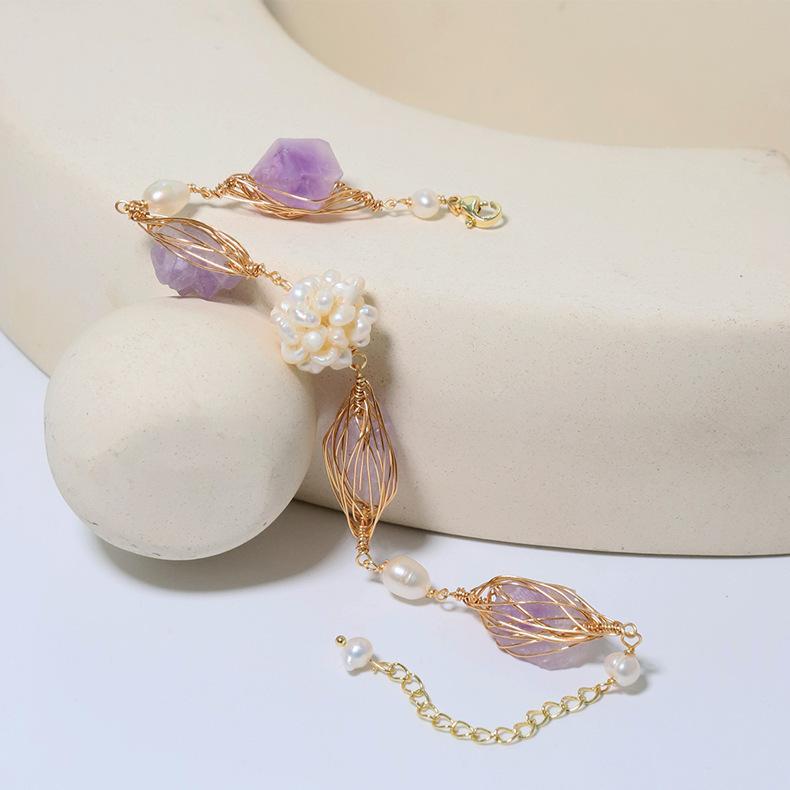 Handmade natural freshwater pearl ball purple crystal bracelet women's ins niche 11k gold bag design personalized jewelry