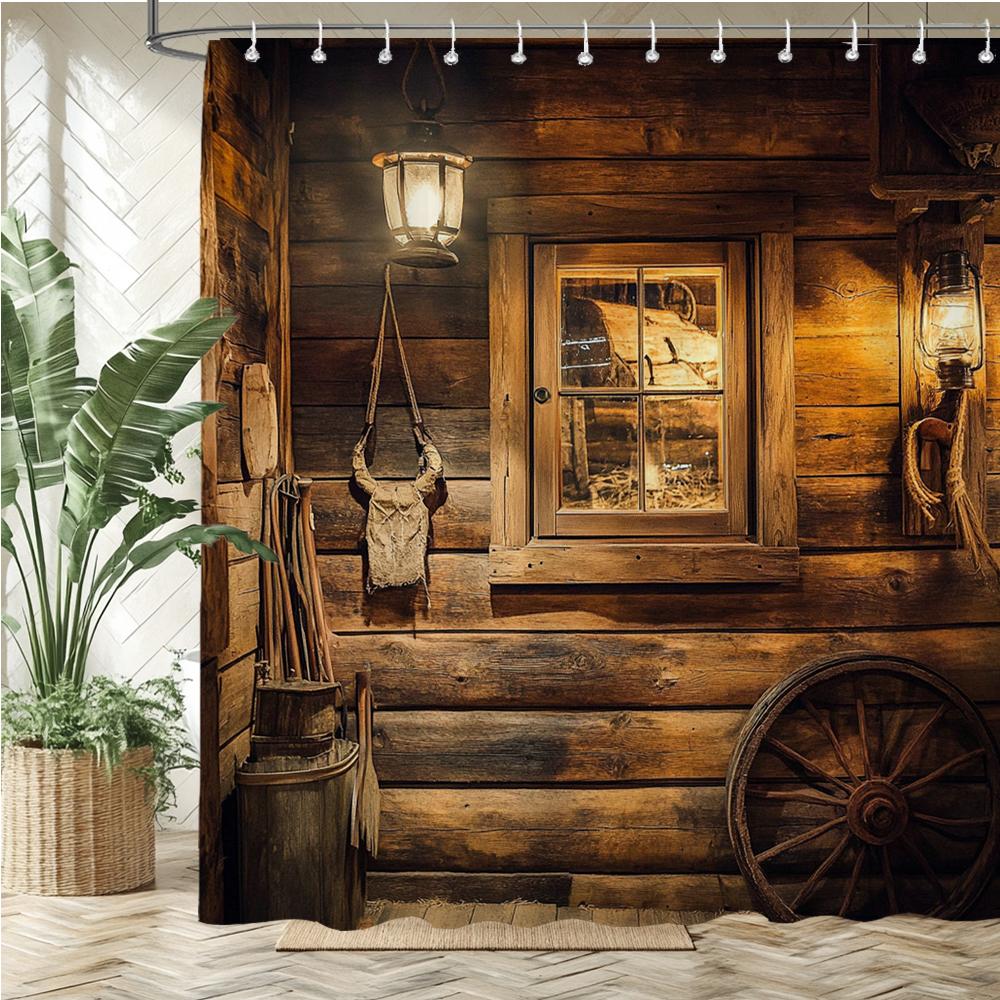 Country Retro Wooden House Printed Fabric Shower Curtain, Pastoral Wood Plant Pattern Bathroom Curtain Decoration, With Hooks