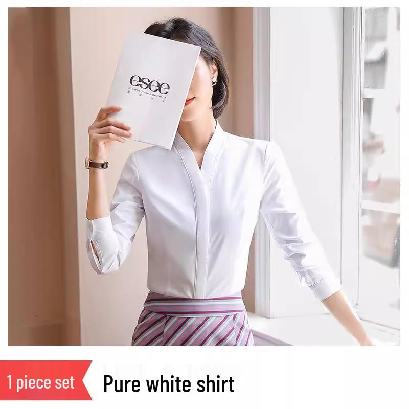 Women's White V-neck Professional Flight Attendant Shirt: Interview and Workwear Suit for Airline and Hotel Staff
