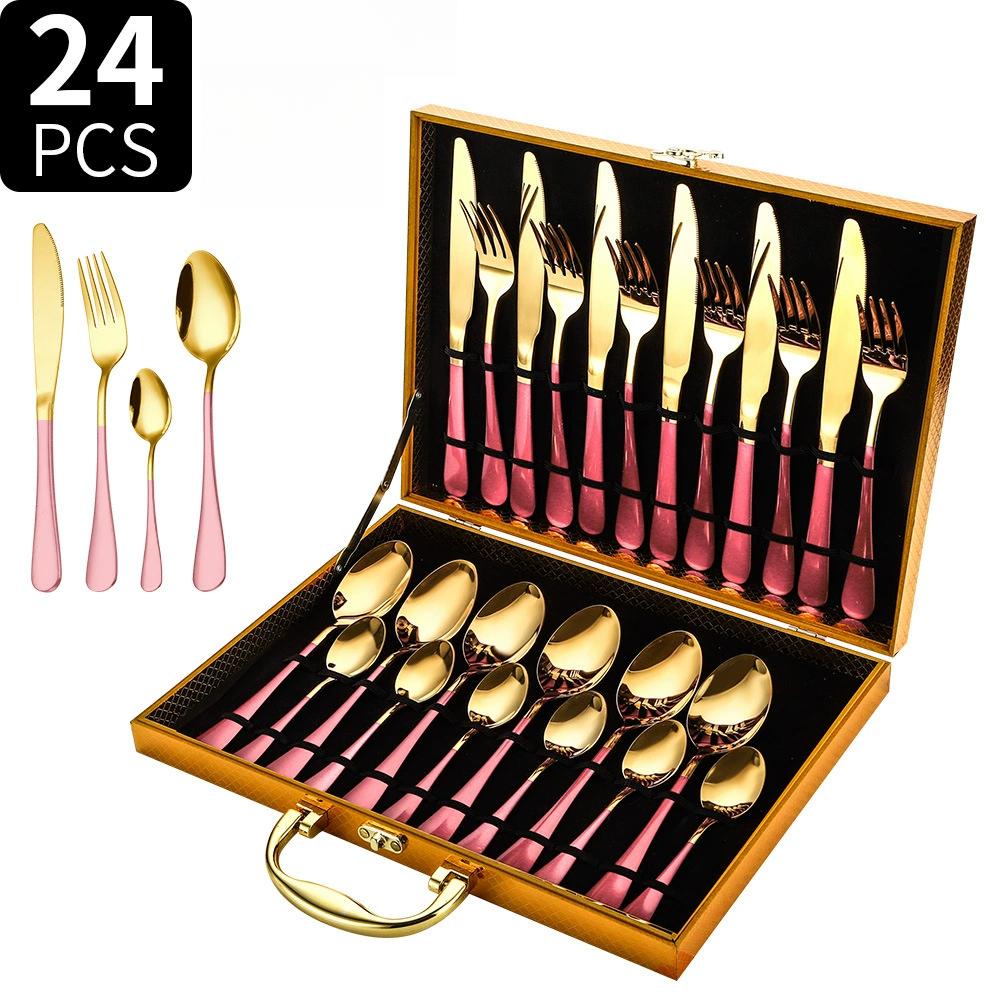 24PCS Stainless Steel Metal Cutlery Knife Fork Spoon Set with Storage Gift Box Quality Cutlery Set for Home Restaurant Tableware