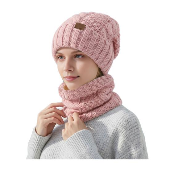 

2Pcs/Set Women Hat Scarf Set Solid Color Twist Texture Warm Thermal Knit Hat Neck Scarf Set Winter Outdoor Accessories