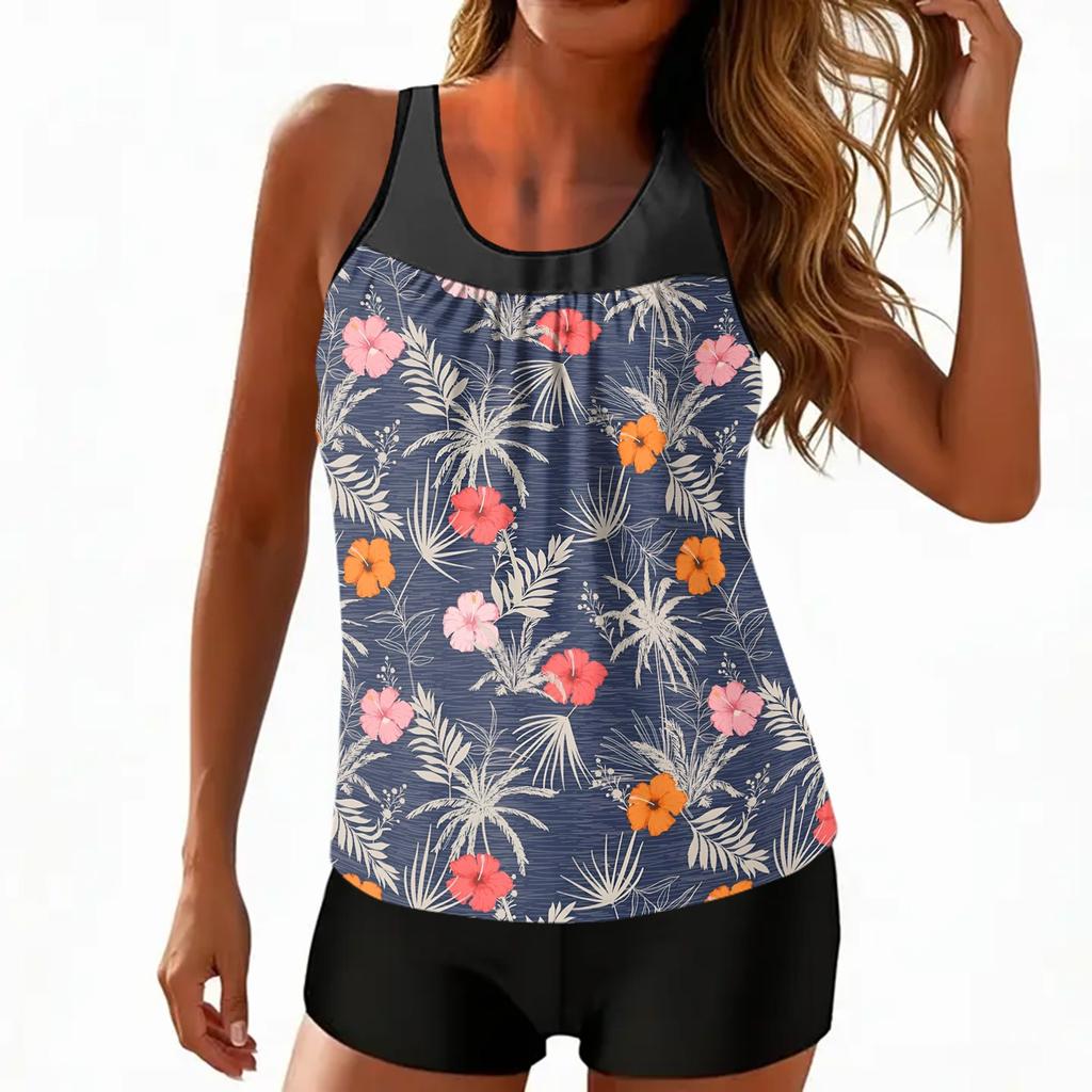 Women's Two Piece Tankini Swimsuit Hawaiian Floral Print Sleeveless Sporty Swim Top with Shorts Beachwear