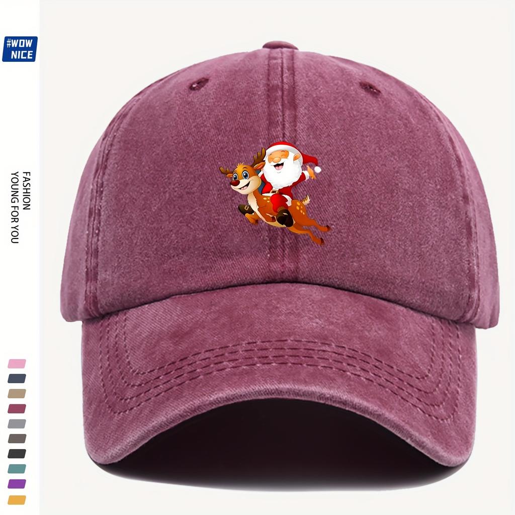 Adjustable Christmas Baseball Cap with Santa and Reindeer Print Festive Holiday Hat for Men Women Perfect for Parties Gift