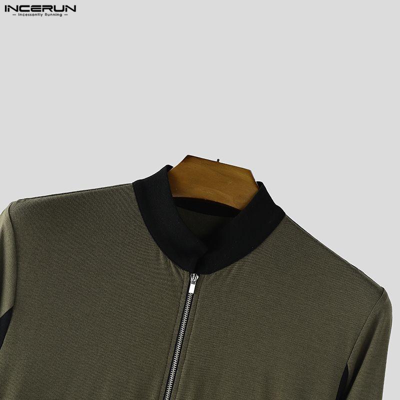 INCERUN Men Stitching Stand Neck Long Sleeve Zip-up High Splits Long Cardigan Coats