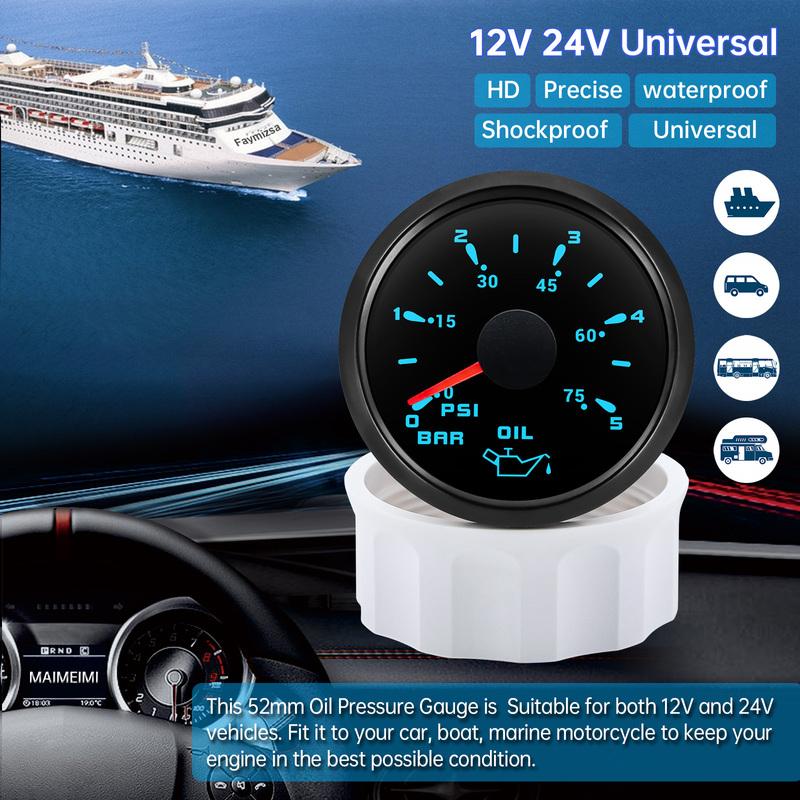 Auto Car 52mm Oil Pressure Gauge+Sensor 7 Color Backlight 0~5Bar 0-10Bar Oil Press Meter with Sensor Marine Boat 12V24V