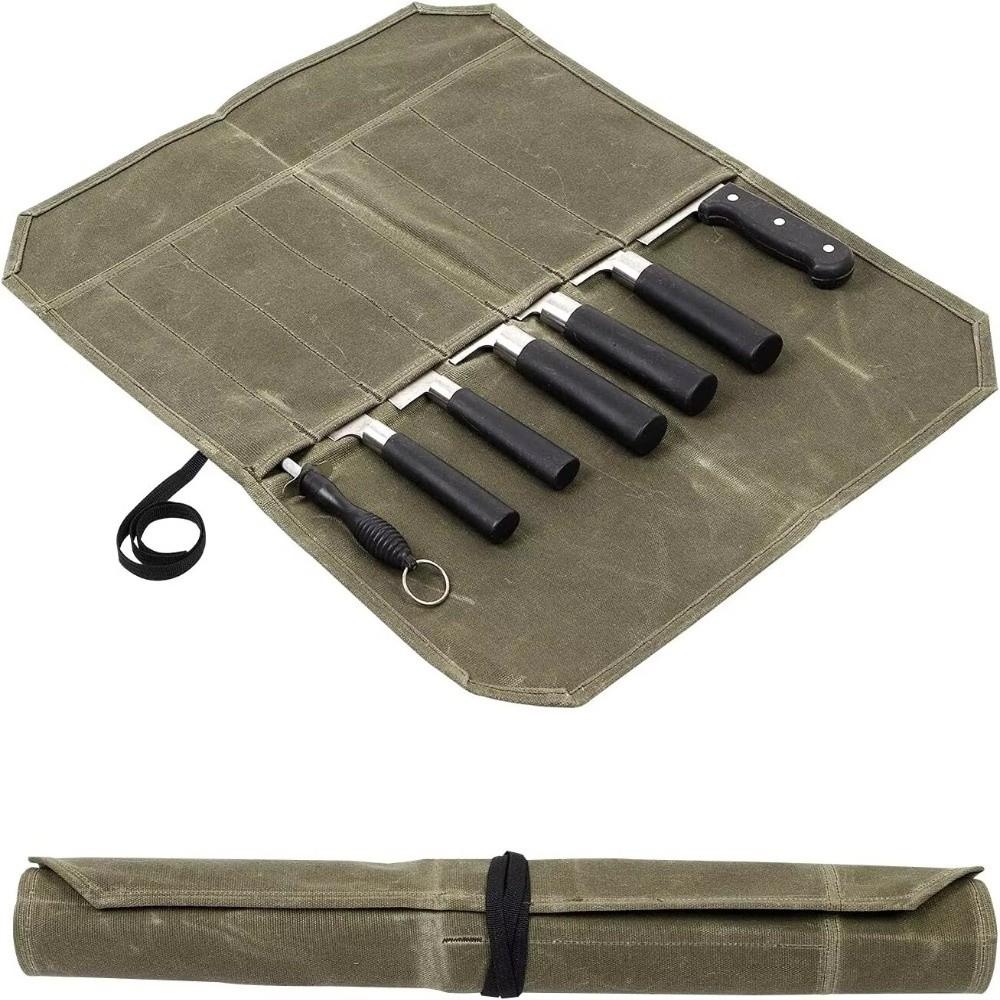 Vintage Portable Chef Tools Storage Bag Waterproof 7 Slots Chef Tools Carrier Minimalist Roll-Up Design Roll Bag
