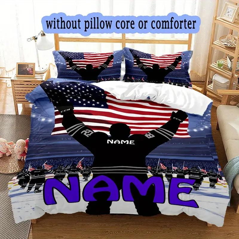Hockey Player Duvet Cover Set Sports Theme Breathable Polyester Bedding Digital Print Machine Washable