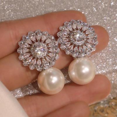 Cao Shi Baroque Flower Zircon & Faux Pearl Earrings for Women - Sweet Bridal Jewelry for Engagements & Dinners