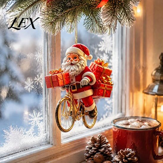 Indoor Christmas Theme Ornaments 8/16/24/32Pcs 2D Flat Wooden Ornaments, Santa Claus Riding Bicycle Hanging Winter Holiday Craft Decorations
