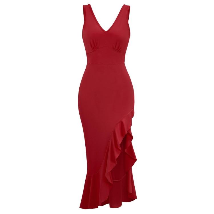 Women Summer Casual V-Neck Sleeveless Dress Solid Color A-Line High Waist Ruffle Hem Irregular Long Dresses Spring Fashion S-XL