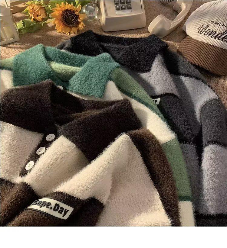 Herren Streifenpullover mit Polokragen – Trendiger Herbst/Winter Japanischer College-Stil, Dicke & Warme Strickjacke