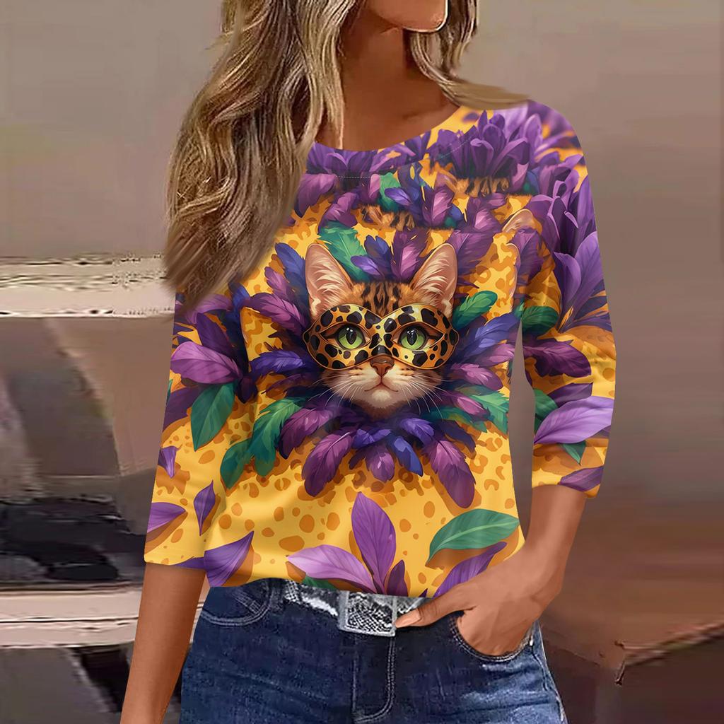 3/4 Length Sleeve Womens Tops Floral Print Vintage Fashion Casual Loose With Round Neck Plus Size Shirts