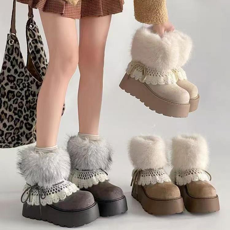 Height-increasing retro lace bow velvet warm snow boots winter new round head fashion boots