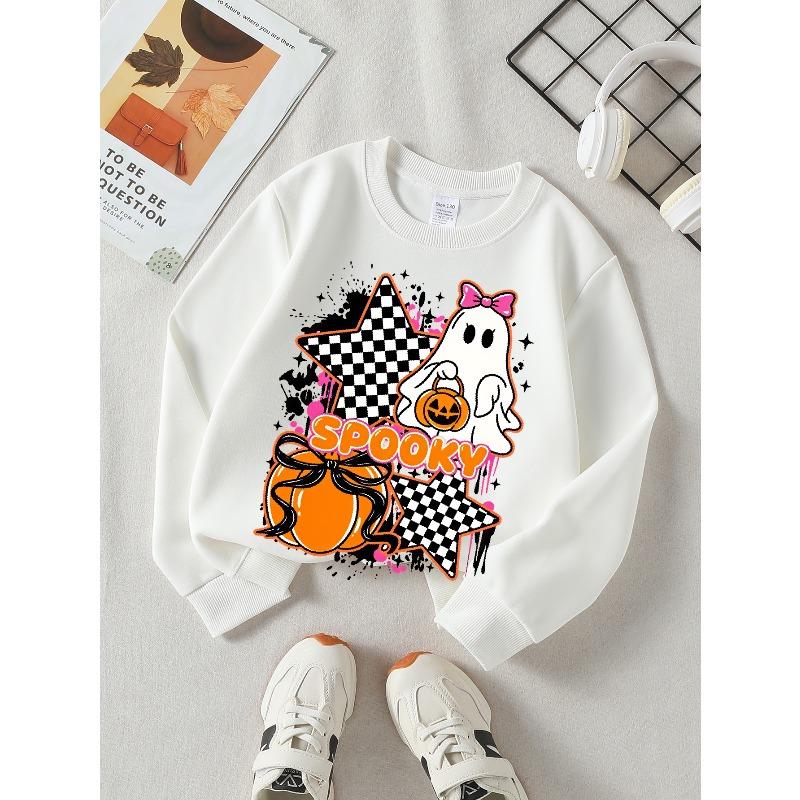 European sizes Girls' Soft Crewneck Sweatshirt Spooky Ghost Pumpkin Checkered Star Print, Casual All-Match, Ideal Holiday Present