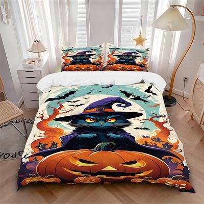 3-częściowy zestaw pościeli Halloweenowej z kotami, Zawiera 1 kołdrę + 2 poszewki na poduszki, Bez wkładów do poduszek, Miękki, Wygodny, Lekki, Oddychający, Prin