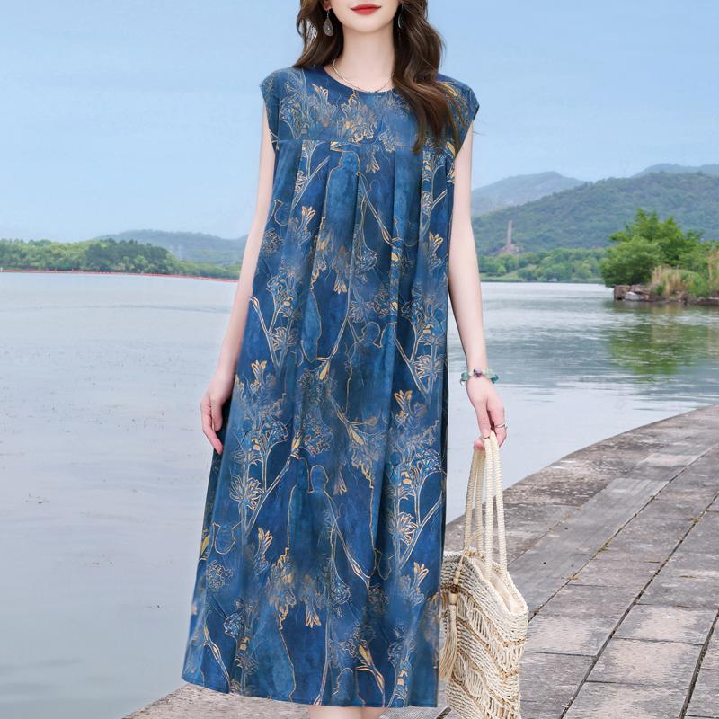 Casual Beach Dresses for Woman Plus Size Loose Vintage Print Long Sleeveless Dress Summer Women's Clothing
