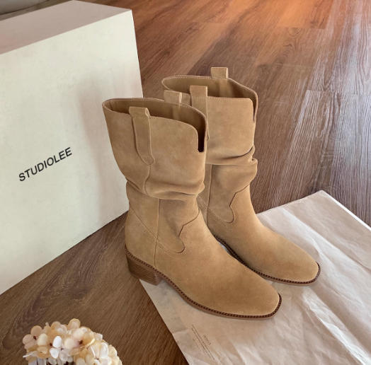 Cowhide Model~ Genuine Leather Small Man Inner Height Increase 8cm Martin Boots Women's Thick Heel Thin Western Medium Tube Short Boots Stacking Boots