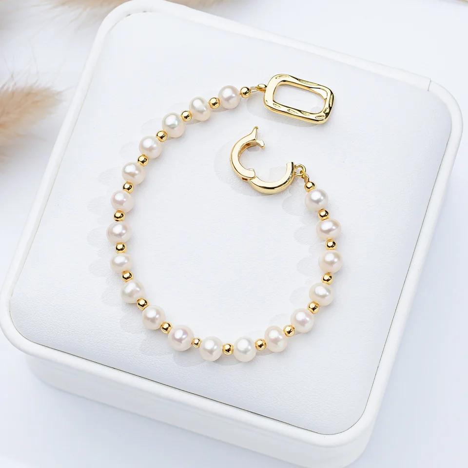 5-6mm Baroque Freshwater Pearl Bracelet for Women Girls Heart Rectangle clasp 16cm+3cm 18k Gold Adjustable Bracelet Jewelry Gift