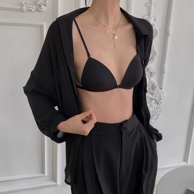 Women's Front Closure Bra French Triangle Cup Push Up for Small Bust Seamless Wireless Low Back Thin Style Backless Underwear