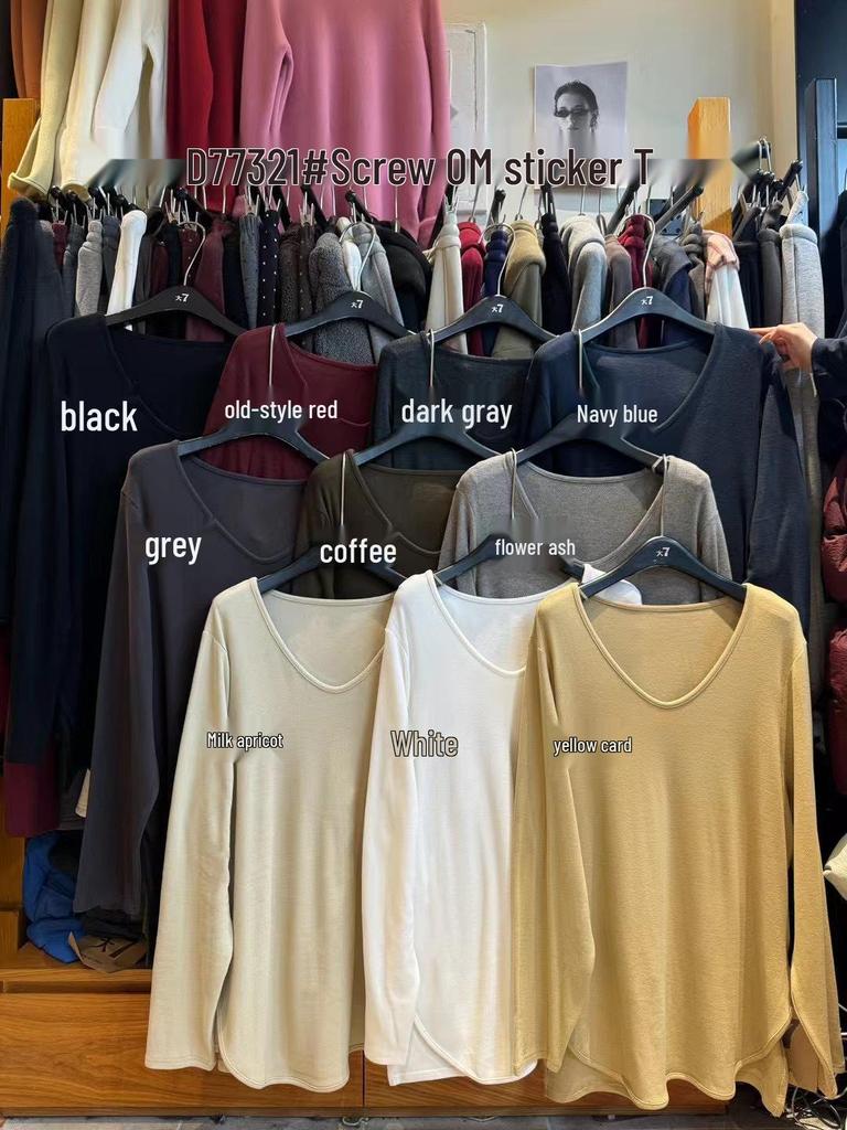 Women's Winter Loose Fit Plus Size V-Neck Ribbed T-Shirt - Korean Style