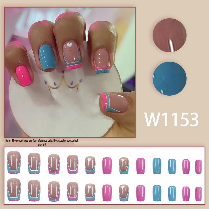 

Blue & Pink Contrast Nail Art: Cute French Style Heart Pattern Press-On Nails