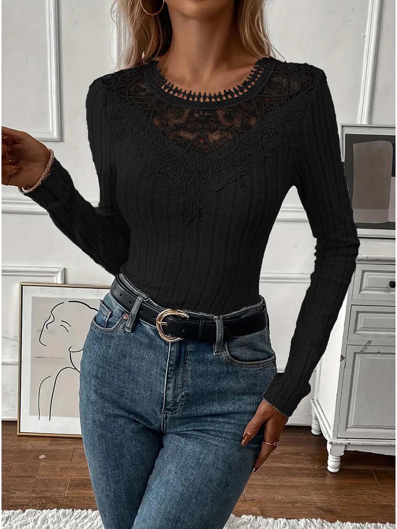 

European and American Women s V-Neck Lace Long-Sleeve Top for Autumn/Winter 2025 Fashion. M чорний