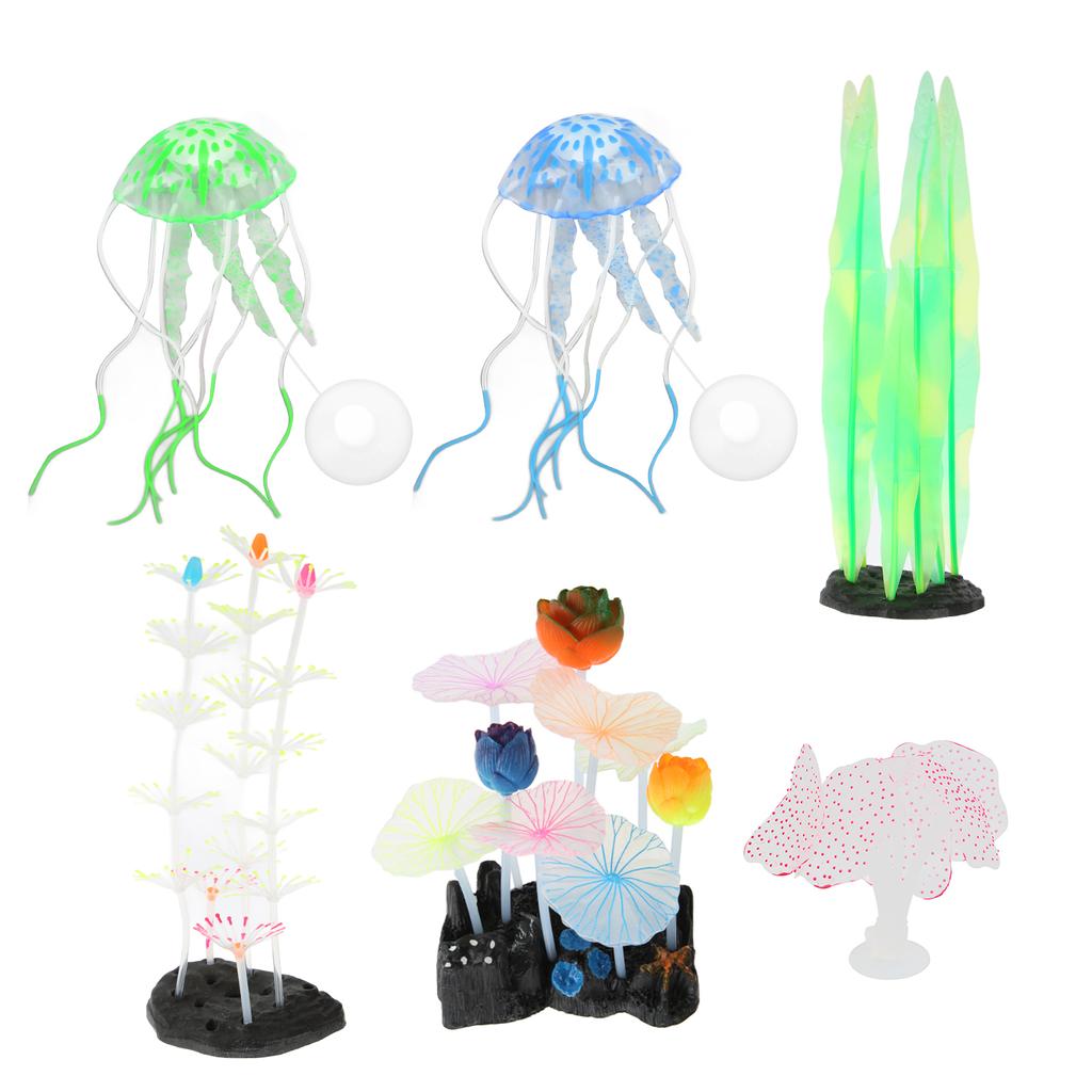 6 Stück Leuchtende Aquariumdekorationen Simulation Silikon Seetang Silberner Lotus Lotusblatt Feder Koralle Quallen Ornamente