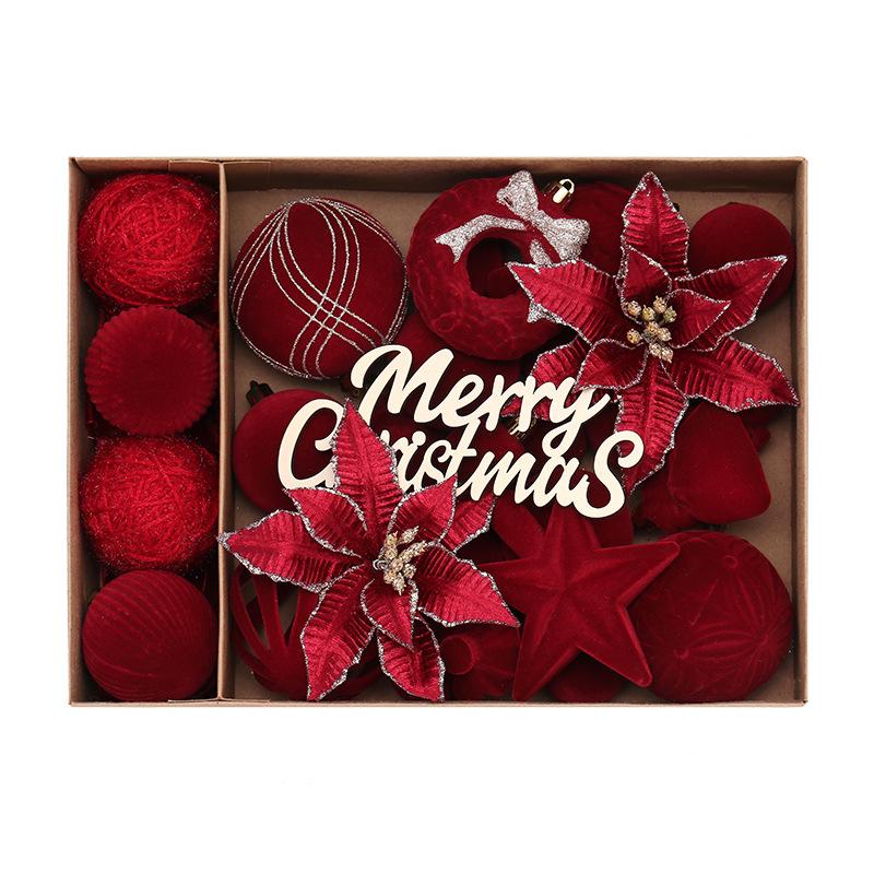 38pcs/set European Flocking Christmas Flowers - INS Style Decoration Set with Balls & Tree Pendants Home Xmas Tree Decorations