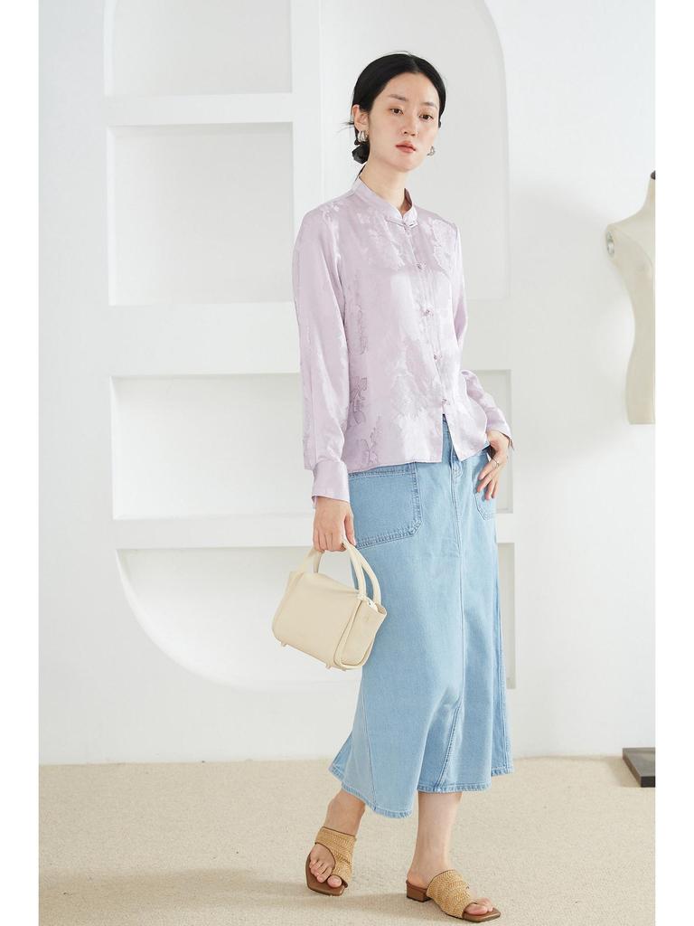 Women's 100% Mulberry Silk Floral Jacquard Shirt with Stand Collar and Frog Button, Long Sleeve Spring Top