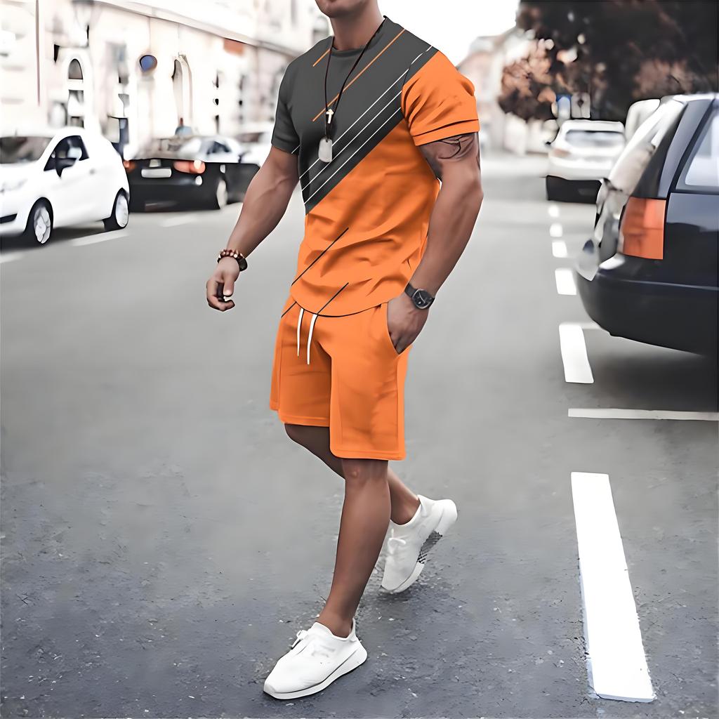 Irregular Graphic Print Short Sleeve Top Drawstring Shorts 2-piece Set 2026 Plus Size Loose Men's T-shirt Clothing Pocket Shorts