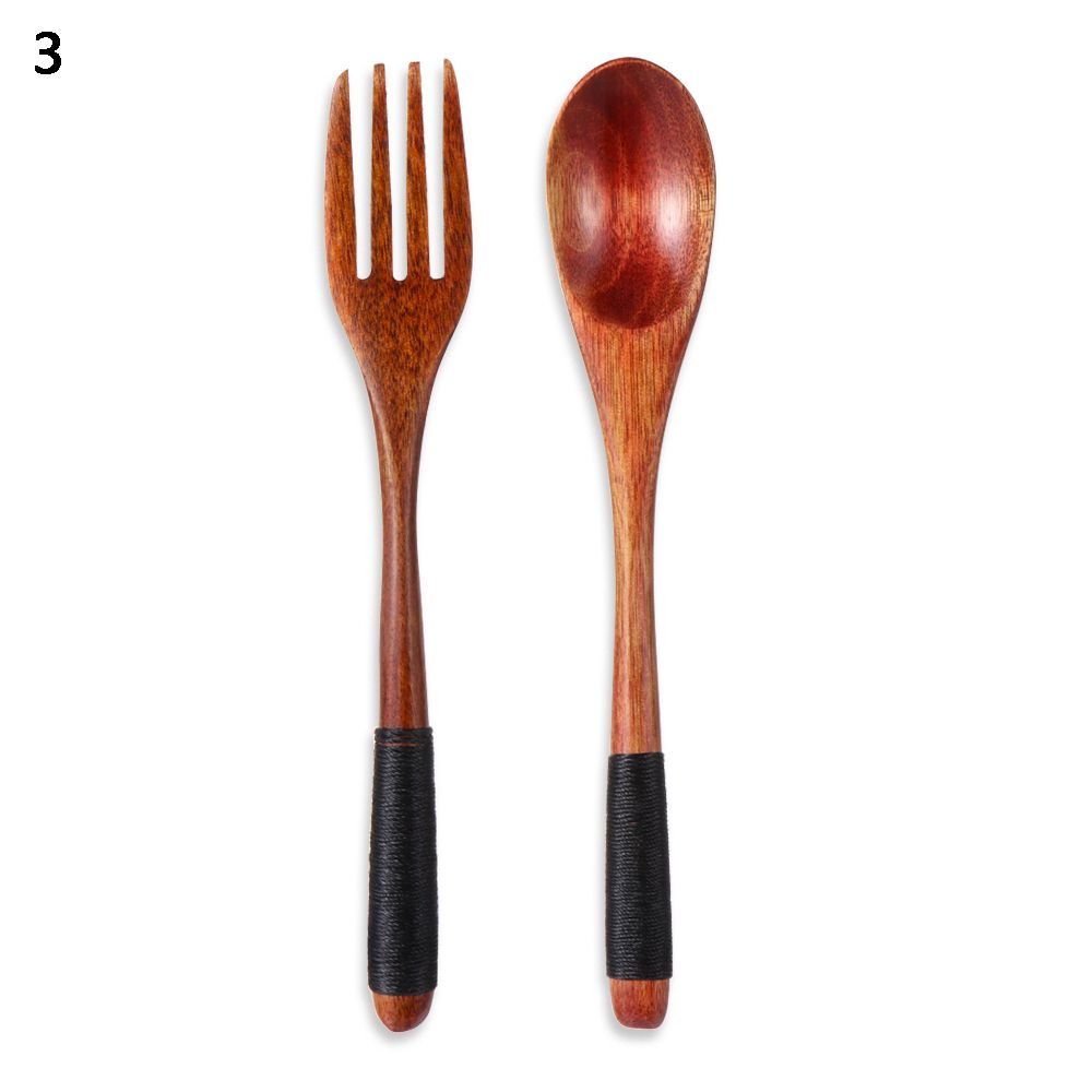 Kitchen Handmade Cloth Bag Portable Spoon Fork Wooden Natural Cutlery Set Tea Scoops