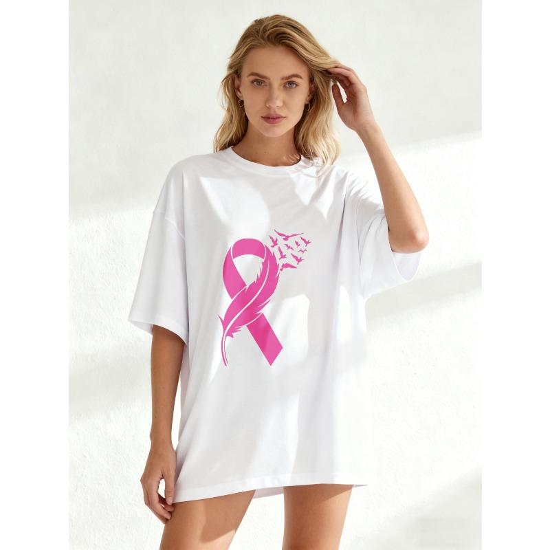 Black Oversized T Shirt With Pink Ribbon And Feather Print For Breast Cancer Awareness Casual Wear