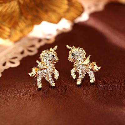 Zodiac Horse Unicorn Diamond Stud Earrings - Cute, Sparkling Cartoon Jewelry for Women
