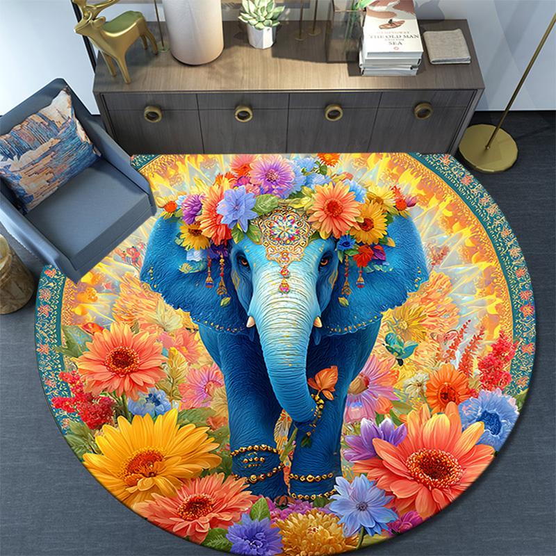 Elephant Round Area Rug,Carpet Rug for Living Room Bedroom Sofa Playroom Decor,Non-slip Floor Mat