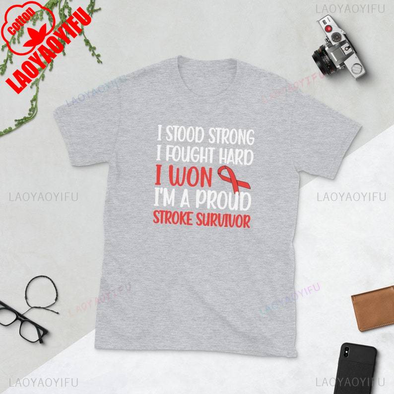new style Stroke Awareness Month Red Ribbon Warrior letters printed Tshirt tops Adult Unisex Allmatch shirt shor TShirt
