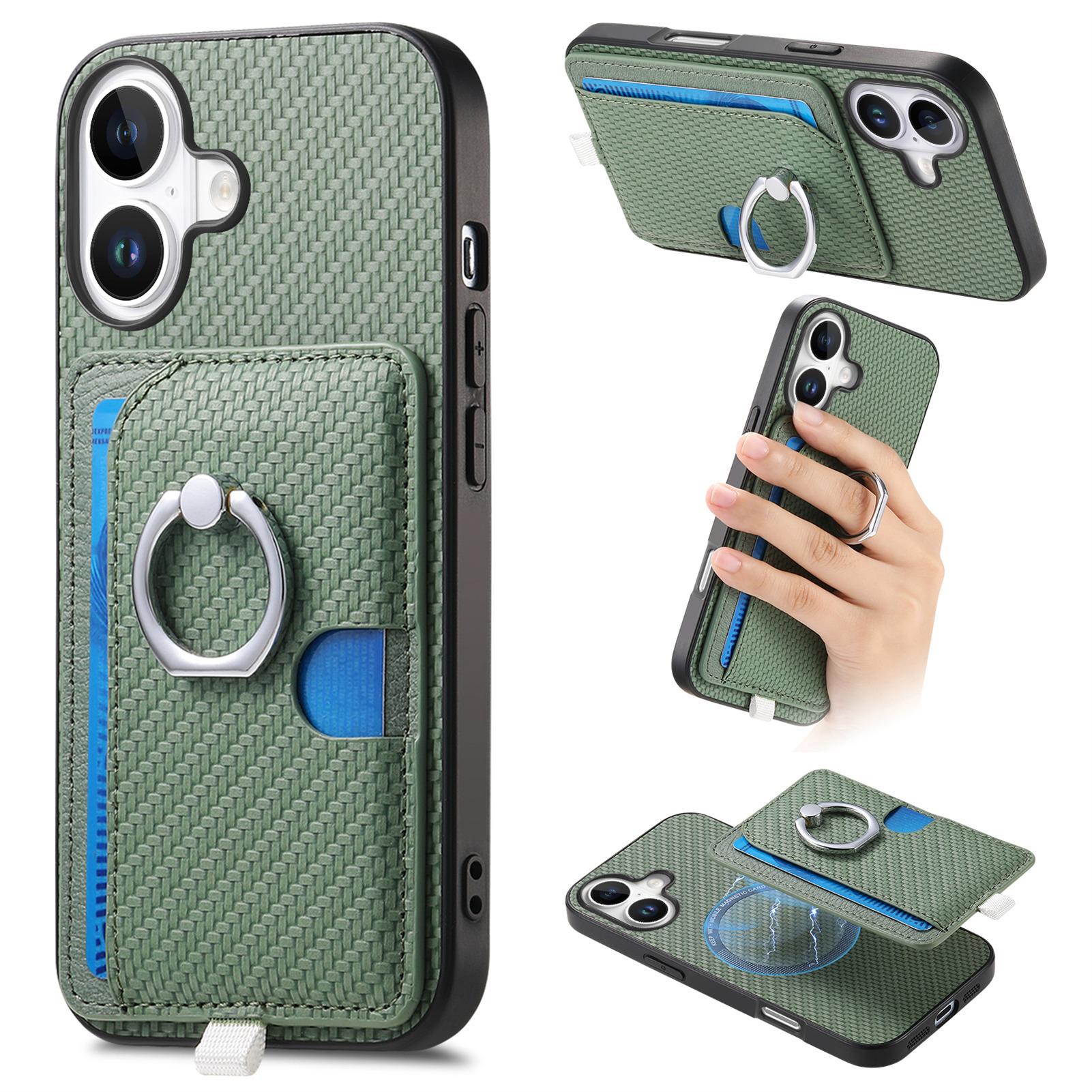 

For iPhone 16 Case Ring Kickstand Leather Back Cover with Magnetic Detachable Card Holder Green
