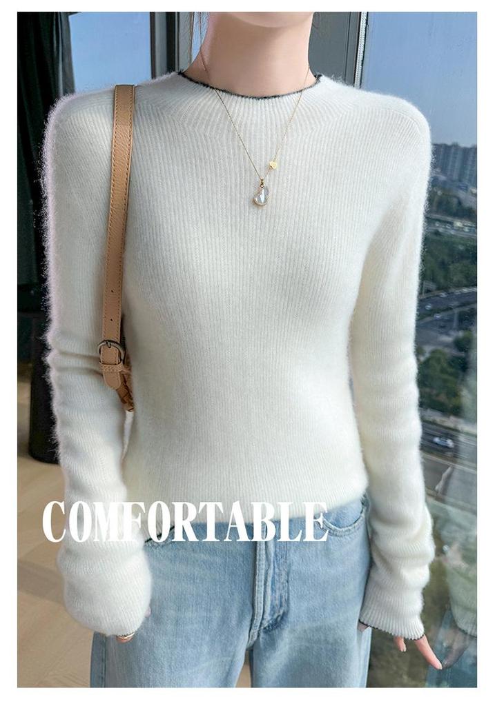 Women's Slimming Pure Wool Lace Half-High Collar Sweater - Ready-to-Wear Knit Pullover Base Layer