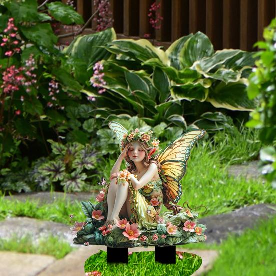 Flower Fairy Garden Stake, 2D Acrylic Fairy with Butterfly Wings Yard Art Stake, Waterproof Outdoor Fairy Tale Decoration for Yard Lawn Planter