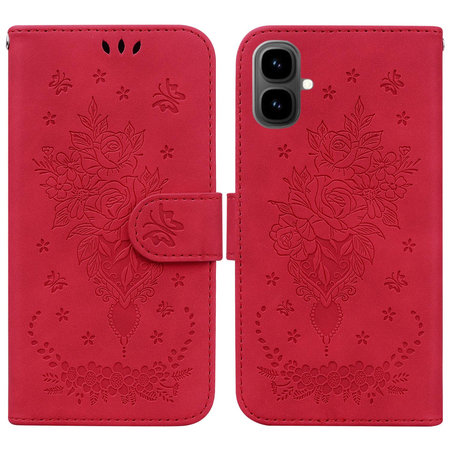

For Infinix Smart 10 Case Butterfly Flower Imprint PU Leather Wallet Phone Cover with Strap Red